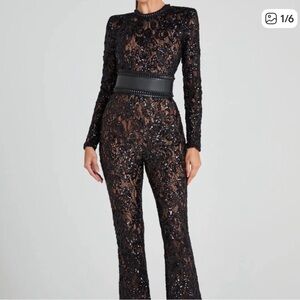 NADINE MERABI Black Sequin Lace Jumpsuit